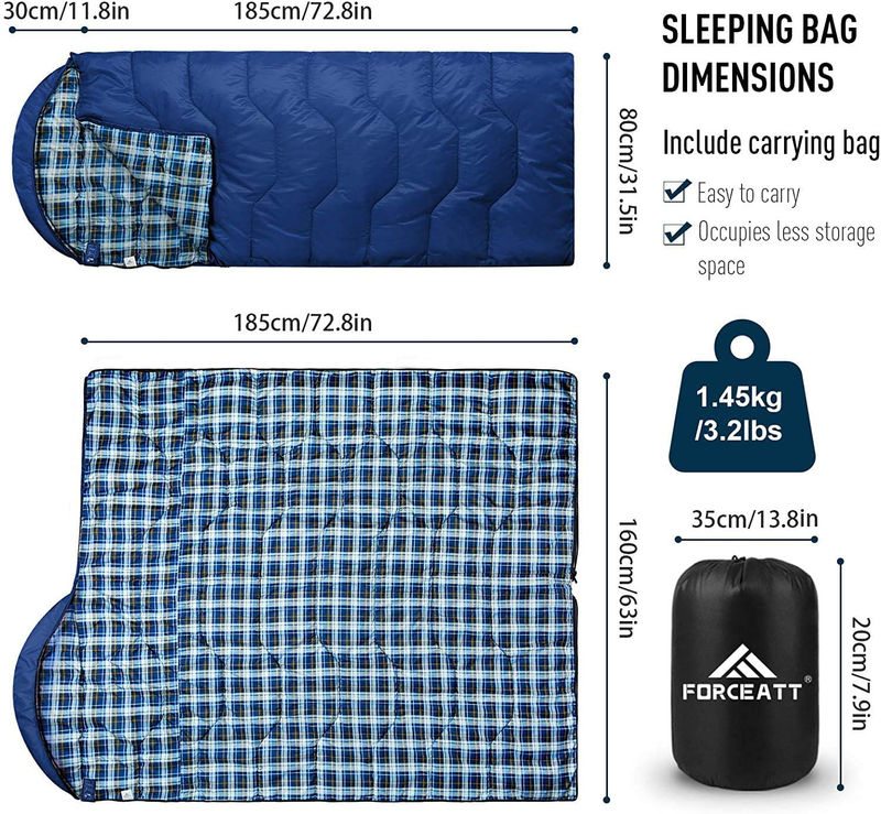 Forceatt Sleeping Bags for 1-2 Person, 50-77℉ Double Sleeping Bags for Adults and Kids, Water-Resistant Lightweight Backpacking Sleeping Bag Great for Camping, Indoor and Outdoor in Warm&Cool Weather.