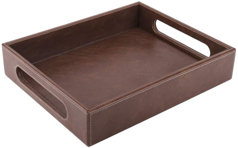 Luxspire Valet Tray with Handles, 10"x8.5" PU Leather Ottoman Serving Tray, Decorative Catchall Tray Countertop Storage, Mens Vanity Tray for Jewelry Key Cologne Dresser Nightstand Organizer, Black Home & Garden > Decor > Decorative Trays Luxspire Brown Medium 