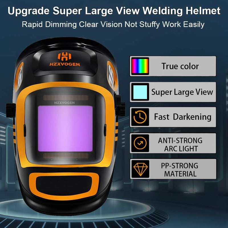 HZXVOGEN 3.94"X3.66" Large Viewing Screen True Color Solar Powered Auto Darkening welding Helmet 4 Arc Sensor Wide Shade 4~5/9-9/13 for TIG MIG Arc Weld Grinding Welder Mask (Model:LY800F)
