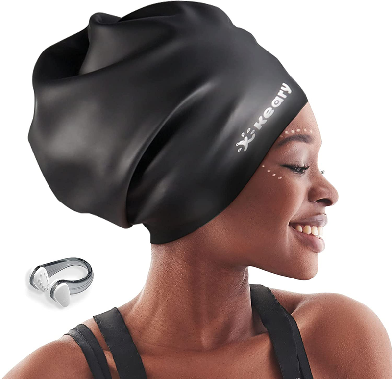 Keary Extra Large Swim Cap for Braids and Dreadlocks Extensions Weaves Long Hair, Waterproof Silicone Cover Ear Bath Pool Shower Swimming Cap for Adult Youth to Keep Hair Dry, Easy to Put On and Off Sporting Goods > Outdoor Recreation > Boating & Water Sports > Swimming > Swim Caps Keary Black  
