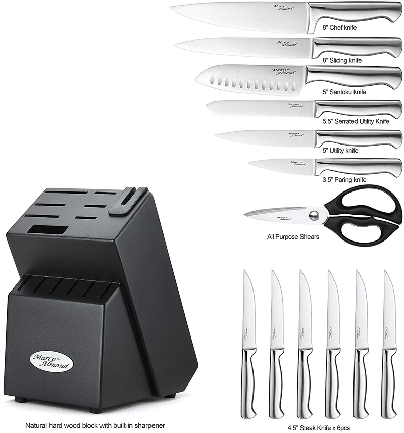 Marco Almond KYA28 Knife Set, 14 Pieces Japanese High Carbon Stainless Steel Cutlery Kitchen Knife Set with Hardwood Block, Hollow Handle Self Sharpening Knife Block Set, Black, Best Gift Home & Garden > Kitchen & Dining > Kitchen Tools & Utensils > Kitchen Knives Marco Almond   