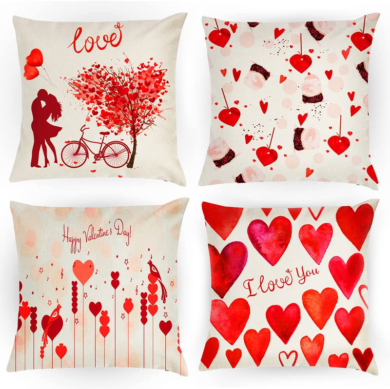 Oscenlife Valentines Day Pillow Covers 18X18 Set of 4, Red Love Heart Decor Valentine'S Day Throw Pillows Decorative Cushion Cases for Sofa Couch Home Wedding Party Home & Garden > Decor > Seasonal & Holiday Decorations OscenLife Style 1  