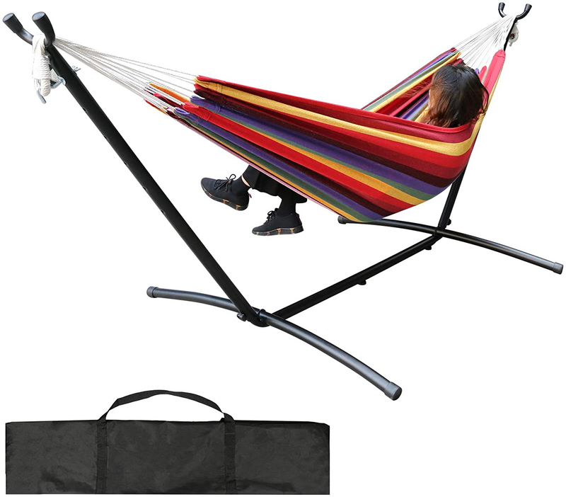 Double Hammock with Space Saving Steel Stand (450 lb Capacity - Premium Carry Bag Included) - for para Patio, Indoor and Outdoor (Blue/Green Stripes) Home & Garden > Lawn & Garden > Outdoor Living > Hammocks Nromant Red/Orange Stripes  