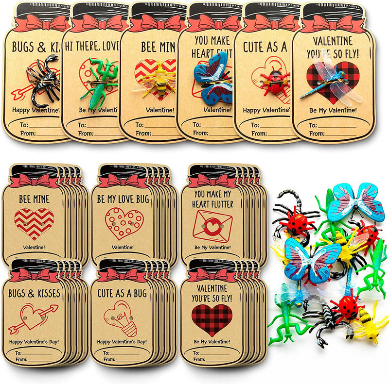 Lovebug Valentines Day Cards for Kids - 30 Pack Valentines Gift Cards with Bug Toys (6 Designs) - Valentine Classroom Supplies - Valentine Gift Exchange for Boys Girls Party Favors