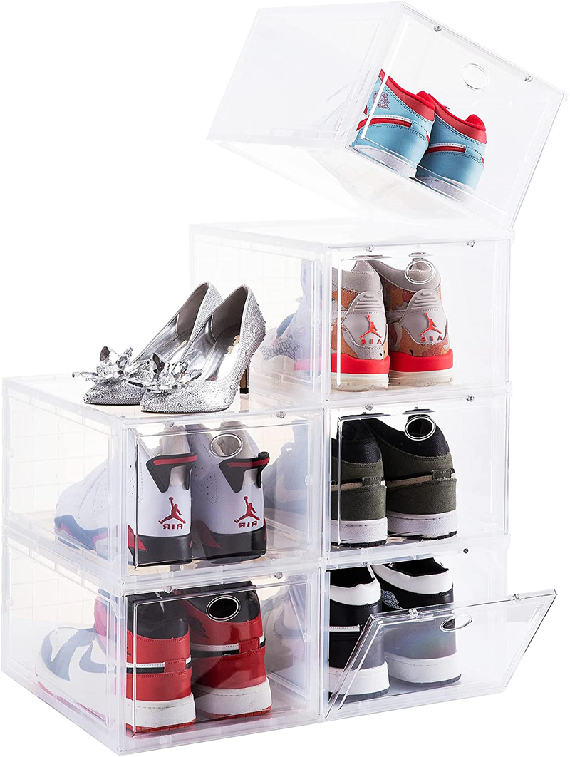 SOGOBOX Drop Front Shoe Box,Set of 6,Shoe Box Clear Plastic Stackable,Shoe Containers with Lids,Shoe Storage Box and Shoe Organizer for Display Sneakers,Fit up to US Size 12(13.8”X 9.84”X 7.1”) Black Furniture > Cabinets & Storage > Armoires & Wardrobes SOGOBOX Clear 6 