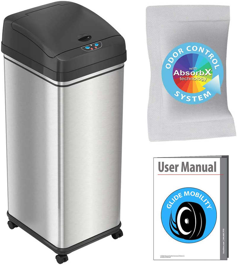 iTouchless 13 Gallon Automatic Trash Can with Odor-Absorbing Filter and Lid Lock, Power by Batteries (not included) or Optional AC Adapter (sold separately), Black/Stainless Steel Home & Garden > Kitchen & Dining > Kitchen Tools & Utensils > Kitchen Knives iTouchless Stainless Steel With Caster Wheels  