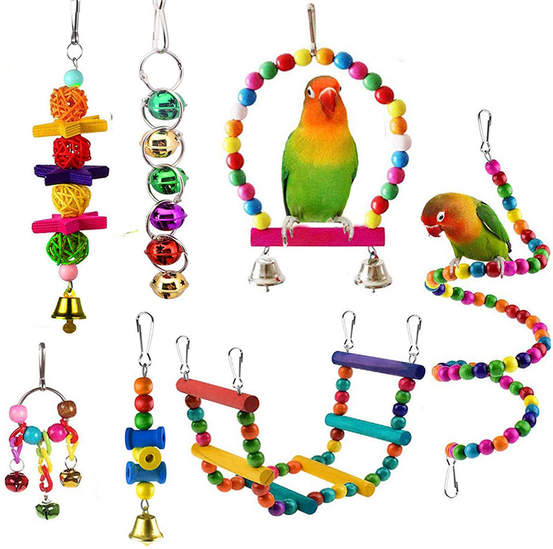 ESRISE 7 Pcs Bird Parakeet Cockatiel Parrot Toys, Hanging Bell Pet Bird Cage Hammock Swing Climbing Ladders Toy Wooden Perch Chewing Toy for Small Parrots, Conures, Love Birds, Finche Animals & Pet Supplies > Pet Supplies > Bird Supplies > Bird Toys ESRISE Default Title  