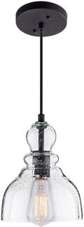 LANROS Industrial Mini Pendant Lighting with Handblown Clear Seeded Glass Shade, Adjustable Cord Farmhouse Lamp Ceiling Pendant Light Fixture for Kitchen Island Restaurant Kitchen Sink, Black, 1 Pack