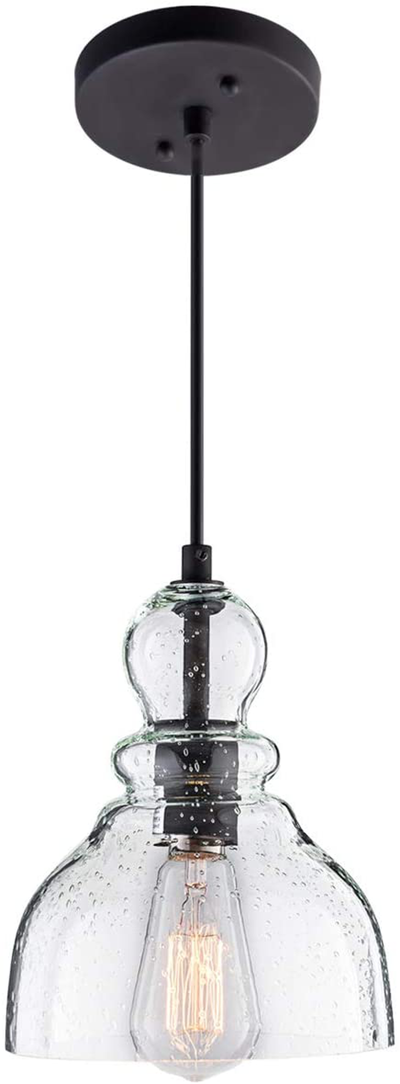 LANROS Industrial Mini Pendant Lighting with Handblown Clear Seeded Glass Shade, Adjustable Cord Farmhouse Lamp Ceiling Pendant Light Fixture for Kitchen Island Restaurant Kitchen Sink, Black, 1 Pack Home & Garden > Lighting > Lighting Fixtures LANROS Black 7 inch 
