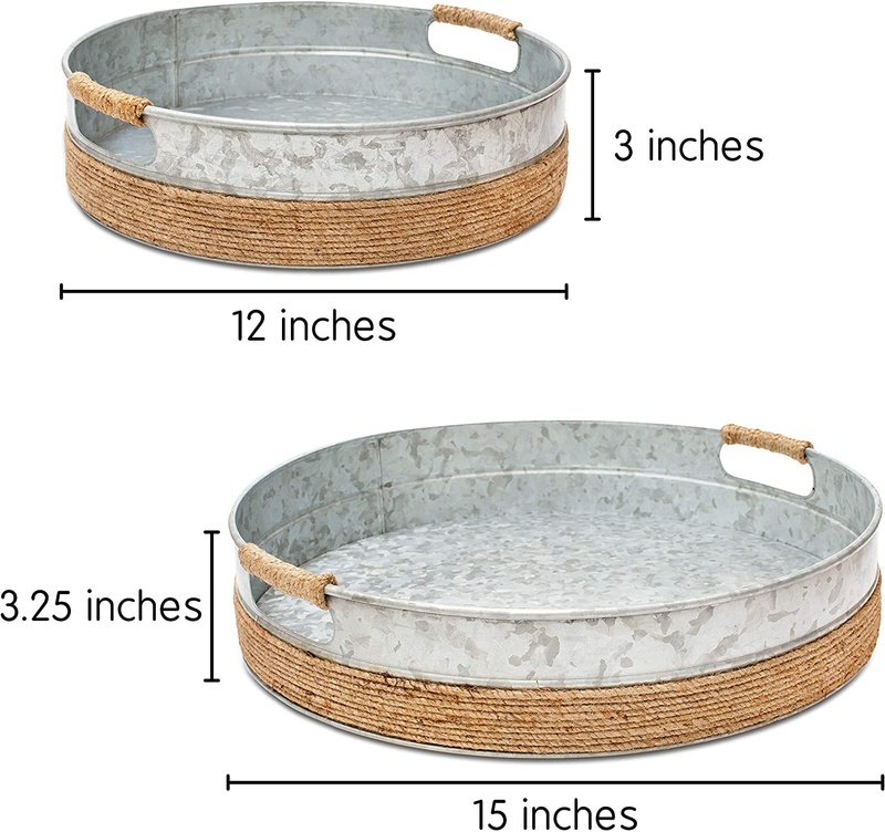 Rustic Galvanized Metal Serving Trays with Rope-Covered Handles – Set of 2 (15 inch and 12 inch) - Round Decorative Butler Trays – Perfect for Farmhouse Coffee Table Centerpiece by Chicerr