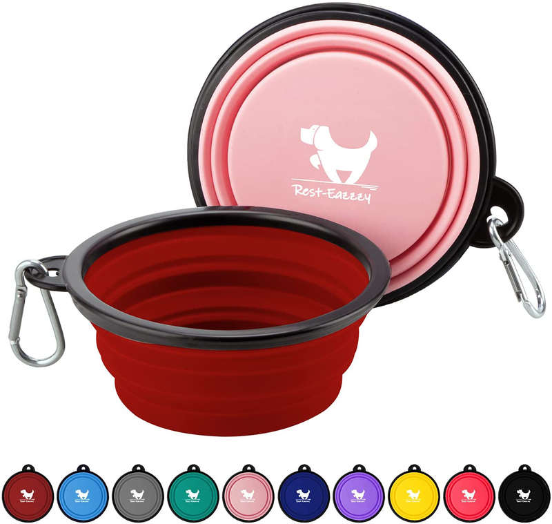 Rest-Eazzzy Expandable Dog Bowls for Travel, 2-Pack Dog Portable Water Bowl for Dogs Cats Pet Foldable Feeding Watering Dish for Traveling Camping Walking with 2 Carabiners, BPA Free  Rest-Eazzzy red&pink S 