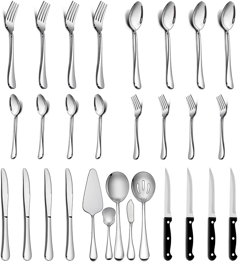 LIANYU 53-Piece Silverware Set with Steak Knives and Serving Utensils, Stainless Steel Flatware Cutlery Set Service for 8, Eating Utensil Set for Home Party Wedding, Dishwasher Safe, Mirror Finished Home & Garden > Kitchen & Dining > Tableware > Flatware > Flatware Sets LIANYU Silver 29 