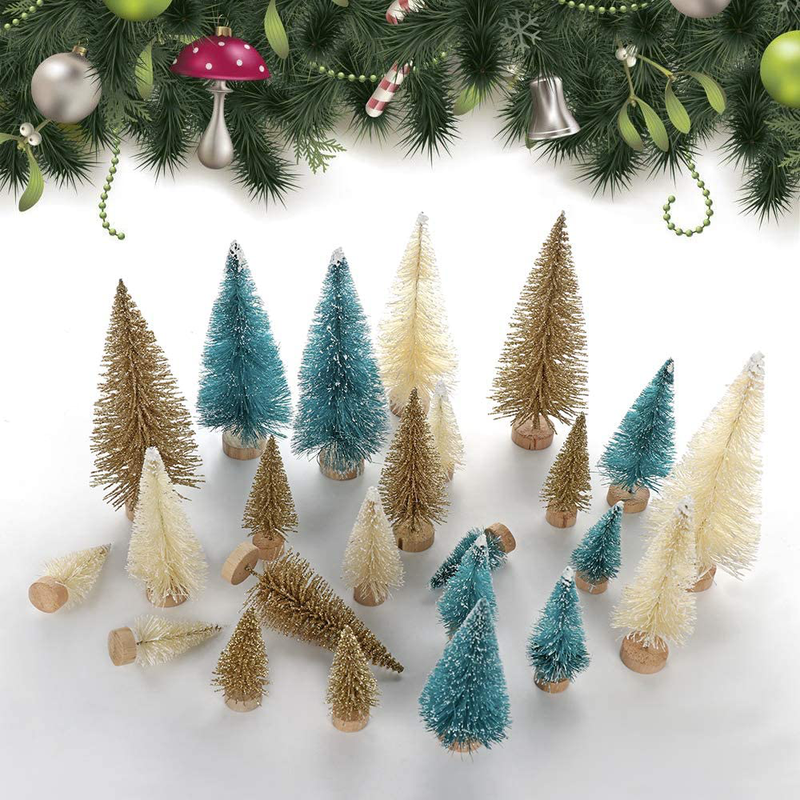 Mini Tabletop Christmas Tree , 24pcs Miniature Pine Trees Frosted Sisal Trees with Wood Base DIY Crafts Home Decor Christmas Ornaments Green, Gold and Ivory,Mix Color Home & Garden > Decor > Seasonal & Holiday Decorations > Christmas Tree Stands UHBGT   