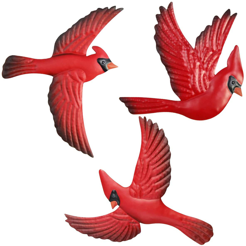 FANWNKI Red Metal Birds Cardinal Set of 3 Wall Art Decor Sculptures Hanging for Christmas Outdoor Indoor Home Garden Porch Fence
