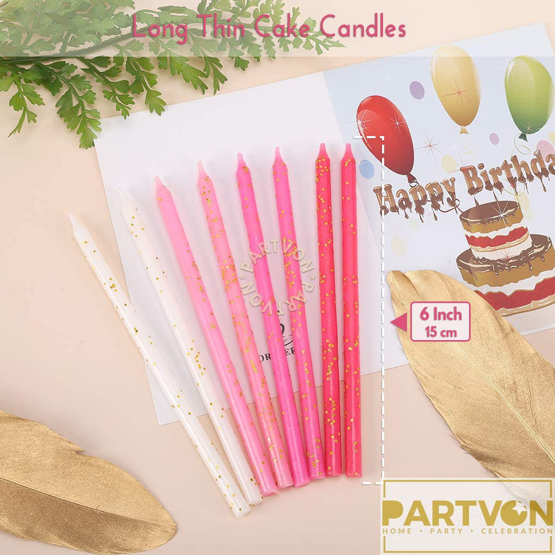 ROSEO Pink Happy Birthday Cake Candles Golden Glitter Sparkle Funny Birthday Party Supplies for Girls Birthday Party Decorations Baby Nursery Decor | 16 Glitter Long Thin Birthday Party Cake Candles Home & Garden > Decor > Home Fragrances > Candles PARTVON   