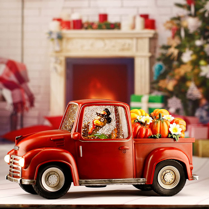 Lighted Christmas Water Lantern, Turkey in Vintage Red Truck with Pumpkins for Gifts and Holiday Decor, Snow Globe with Swirling Glitter Home & Garden > Decor > Seasonal & Holiday Decorations& Garden > Decor > Seasonal & Holiday Decorations HOLYHOM   