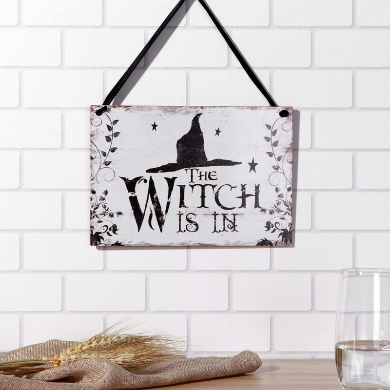 LUOEM Halloween Hanging Welcome Sign Trick or Treat Wooden Plaque Board for Haunted House - Witch is in