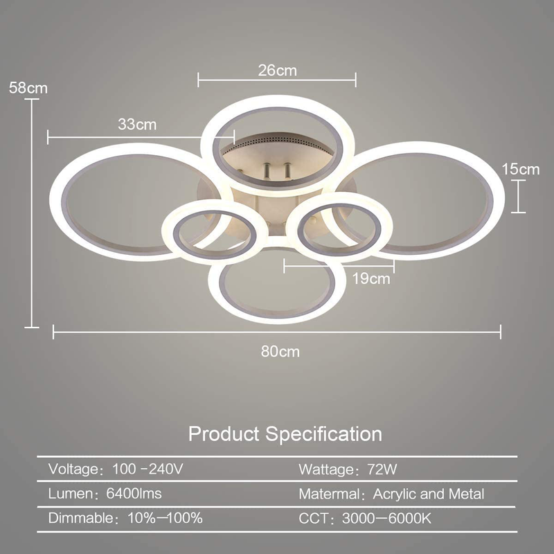 LED Ceiling Light,VANDER Life 72W LED Ceiling Lamp 6400LM White 6 Rings Lighting Fixture for Living Room,Bedroom,Dining Room,Dimmable Remote Control,3 Color Home & Garden > Lighting > Lighting Fixtures > Ceiling Light Fixtures ‎VANDER   