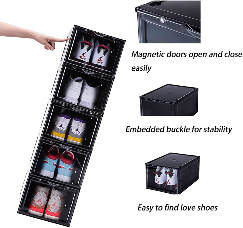 Clemate Shoe Box,Set of 6,Shoe Storage Boxes Clear Plastic Stackable,Shoe Containers with Magnetic Clear Door,Drop Front Shoe Box for Sneaker Display,Easy Assembly,Fit for US Size 12（Black） Furniture > Cabinets & Storage > Armoires & Wardrobes Clemate   