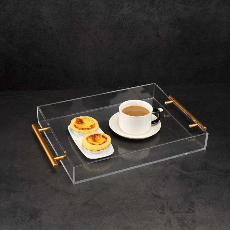 Clear Acrylic Lucite Serving Tray with Metal Handles,11x14 Inch,Decorative Storage Organizer with Spill-Proof Design,Serving for Coffee,Breakfast,Dinner and More