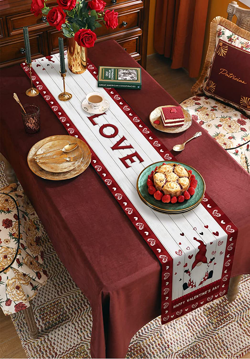 Eilifet Table Runner Romantic Heart Shapes Love Happy Valentine'S Day Gnome 13"X70" Dining Table Decorations Indoor Farmhouse Table Runners for Party Dinner Home Decor Home & Garden > Decor > Seasonal & Holiday Decorations EiLIFET   