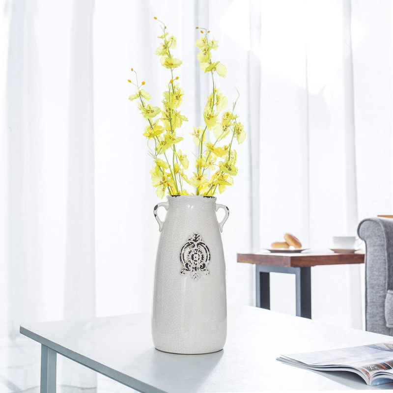 MyGift Farmhouse Style Antique White Ceramic Vase with Handle