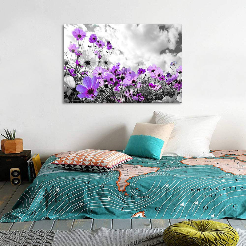 Modern Purple Flowers Canvas Art Wall Decor Black and White Framed Galsang Floral Prints and Posters Wall Hanging Decorations Ready to Hang for Bedroom Bathroom (Purple, 16X24Inx1) Home & Garden > Decor > Artwork > Posters, Prints, & Visual Artwork RUISHI   