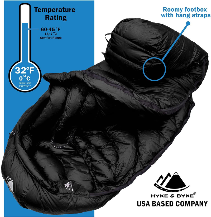 Hyke & Byke Shavano 650 Fill Power Duck down 32 Degree Backpacking Sleeping Bag for Adults Cold Weather Sleeping Bag - Synthetic Base - Ultra Lightweight 3 Season Camping Sleeping Bags for Kids Too  Hyke & Byke   