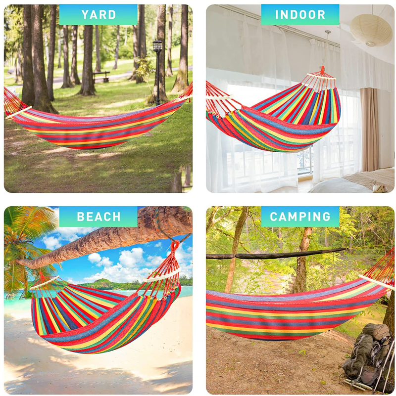 Gonioa Brazilian Camping Hammock Extra Large Canvas Cotton Hanging Hammock Hold 450lbs,Two Person Relaxing Bed Outdoor&Indoor,Perfect for Camping,Travel,Beach, Patio,Room (Red & Yellow Stripes) Home & Garden > Lawn & Garden > Outdoor Living > Hammocks Gonioa   
