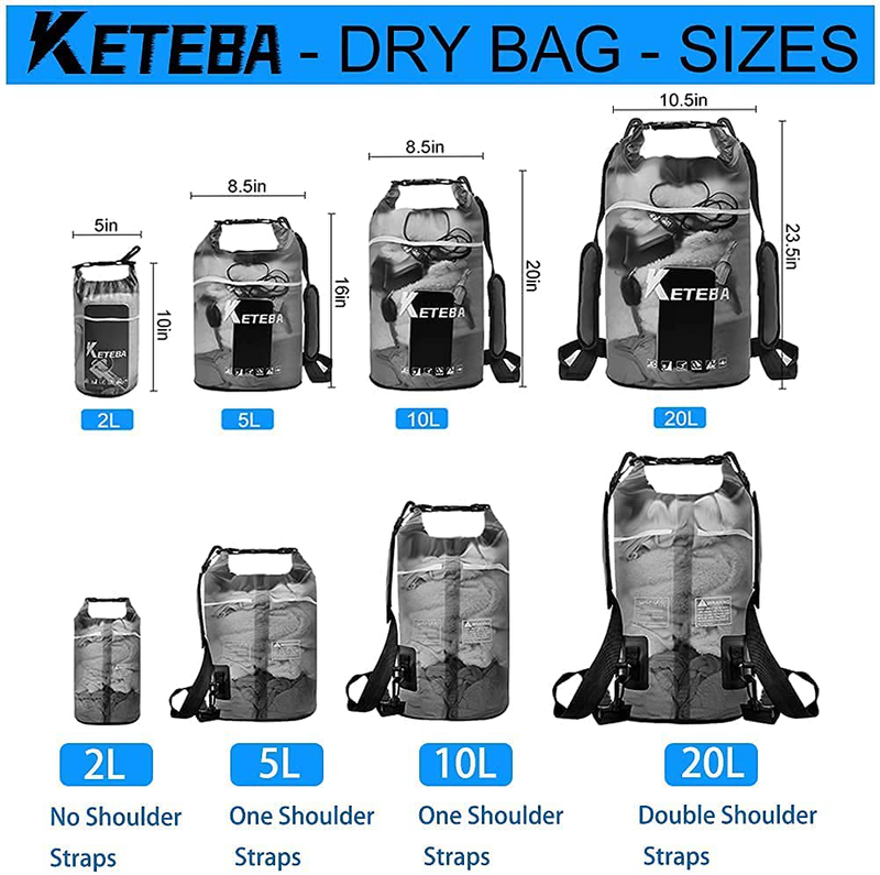KETEBA Waterproof Dry Bags Floating for Women Men, 2L/5L/10L/20L Roll Top Lightweight Clear Storage Outdoor Backpack Dry Bag with Phone Case Sports Towel for Travel Swimming Camping Beach Kayaking