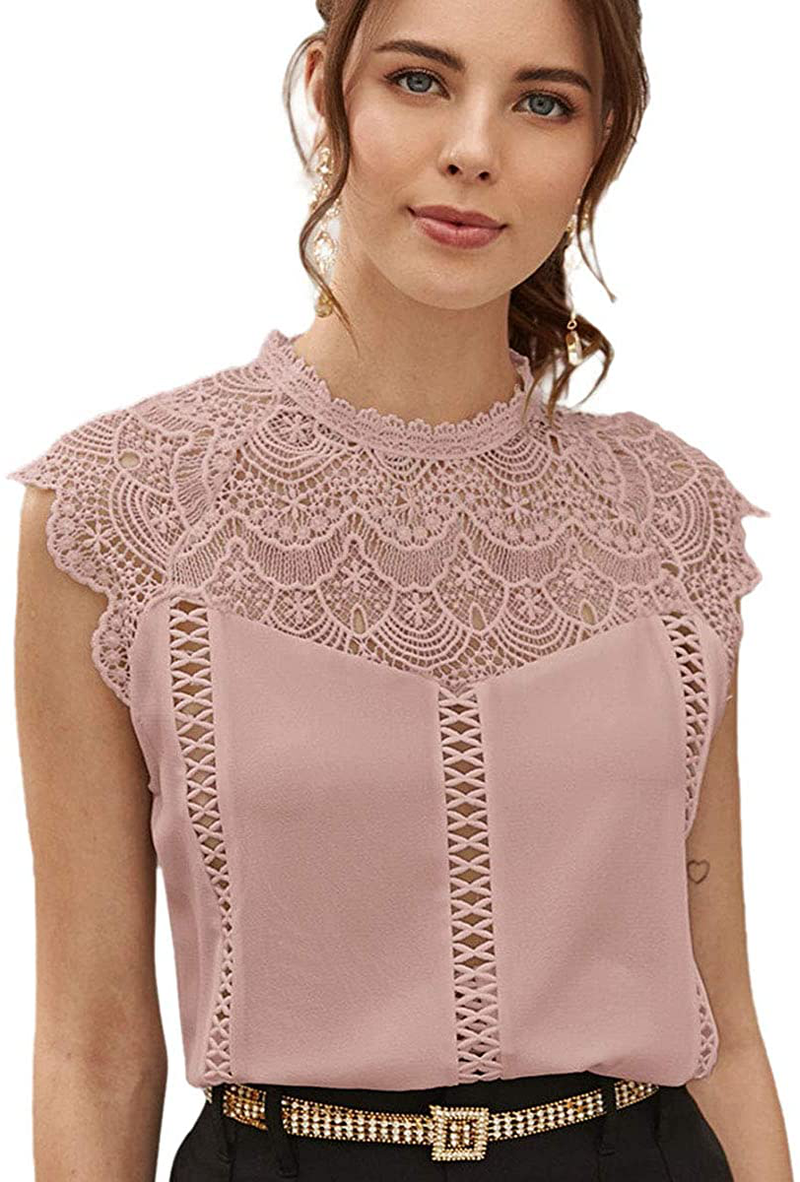 SheIn Women's Elegant Cap Sleeve Keyhole Contrast Lace Blouses Tops Arts & Entertainment > Hobbies & Creative Arts > Arts & Crafts SheIn Dusty Pink X-Large 
