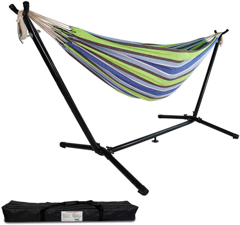 Highwild Double Hammock with Space Saving Steel Stand - Max 600 Lbs - 2 Person Adjustable Cotton Hammock Includes Portable Carrying Bag(Blue/Purple) Home & Garden > Lawn & Garden > Outdoor Living > Hammocks Highwild C- Blue/Green  