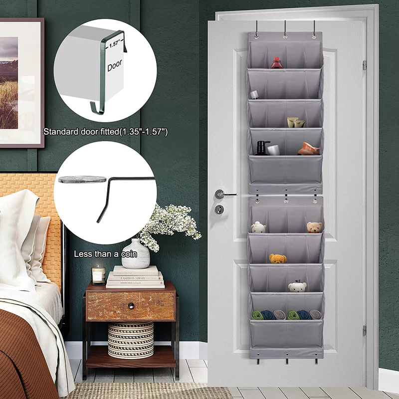 Fentec over the Door Shoe Organizer, 2 Pack Hanging Shoe Organizer,12 Large Pockets and 2 Larger Storage Various Compartments with 6 Hooks Shoe Storage Rack Organizer for Shoes, Sneakers and Home Accessories, Grey Furniture > Cabinets & Storage > Armoires & Wardrobes Fentec   