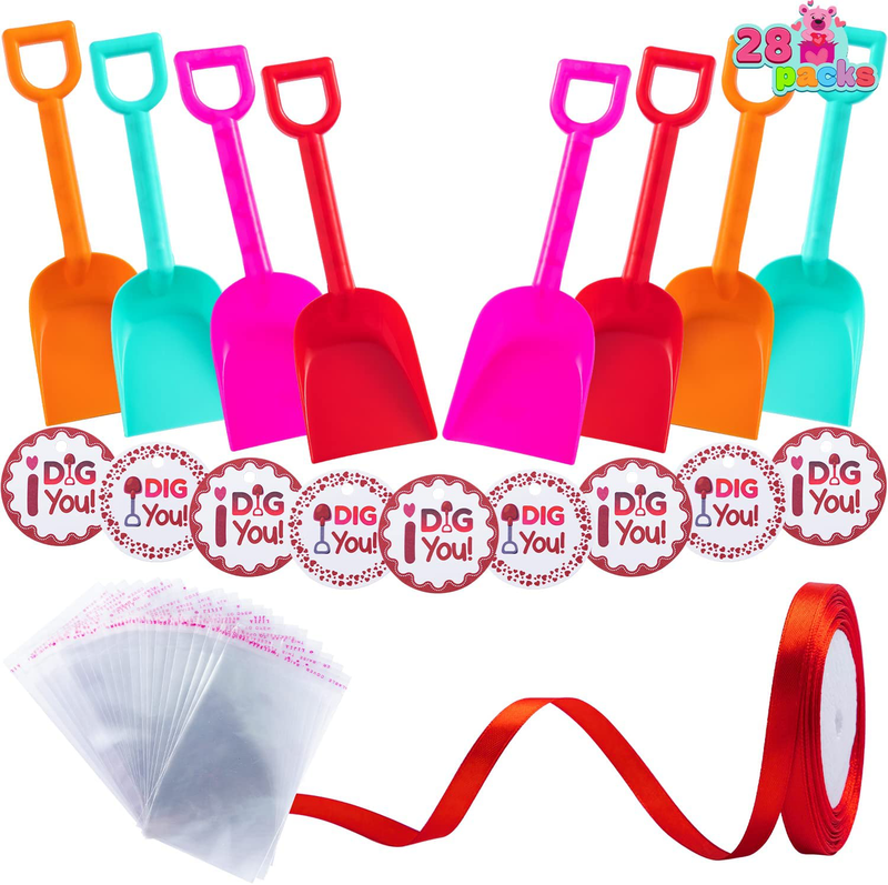 JOYIN 28 Pcs Toy Plastic Shovels 30 Valentines PE Bags, 28 Card Sheets I Dig You Valentine Stickers with 1 Roll Red Ribbon for Kids Valentines Day, Love Day Party Decor and Valentines Day Gifts