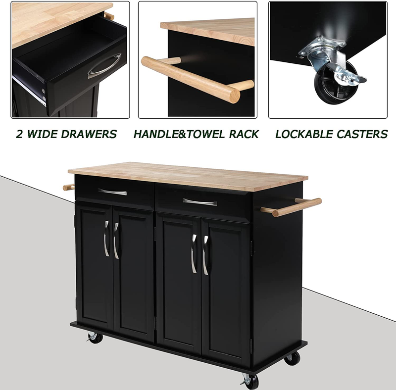Kitchen Island with Drawers and Large Storage Cabinet, Rolling Kitchen Cart with Adjustable Shelves, Lockable Casters, Rubber Wood Countertop, Easy to Assembly, Black Home & Garden > Kitchen & Dining > Food Storage FZsenrui   