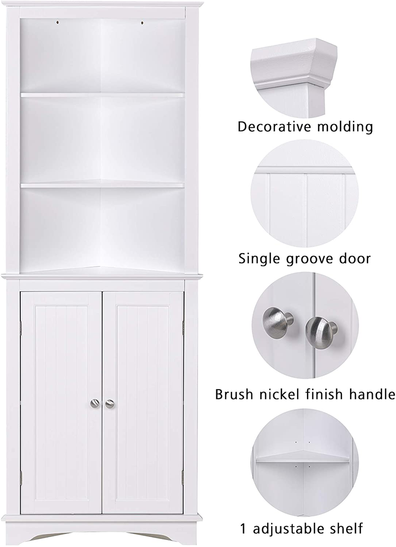 Spirich Home Tall Corner Cabinet with Two Doors and Three Tier Shelves, Free Standing Corner Storage Cabinet for Bathroom, Kitchen, Living Room or Bedroom, White Home & Garden > Kitchen & Dining > Food Storage Spirich   