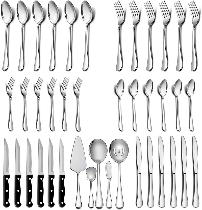 LIANYU 53-Piece Silverware Set with Steak Knives and Serving Utensils, Stainless Steel Flatware Cutlery Set Service for 8, Eating Utensil Set for Home Party Wedding, Dishwasher Safe, Mirror Finished Home & Garden > Kitchen & Dining > Tableware > Flatware > Flatware Sets LIANYU Silver 41 