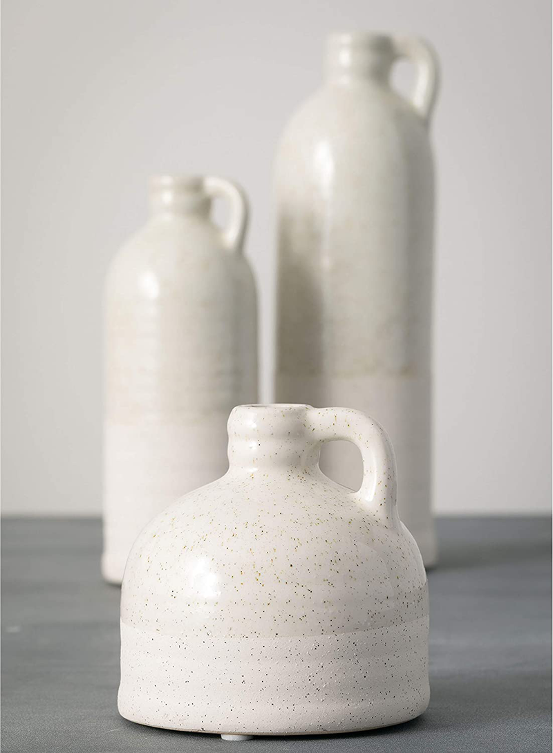 Sullivans Modern Farmhouse Distressed Two-Toned White Small Ceramic Jug Set of Three (3), 4, 7.5, 10” Tall, Crackled Finish Faux Floral Jugs, Distressed Decoration for Rustic Décor, Housewarming Gift