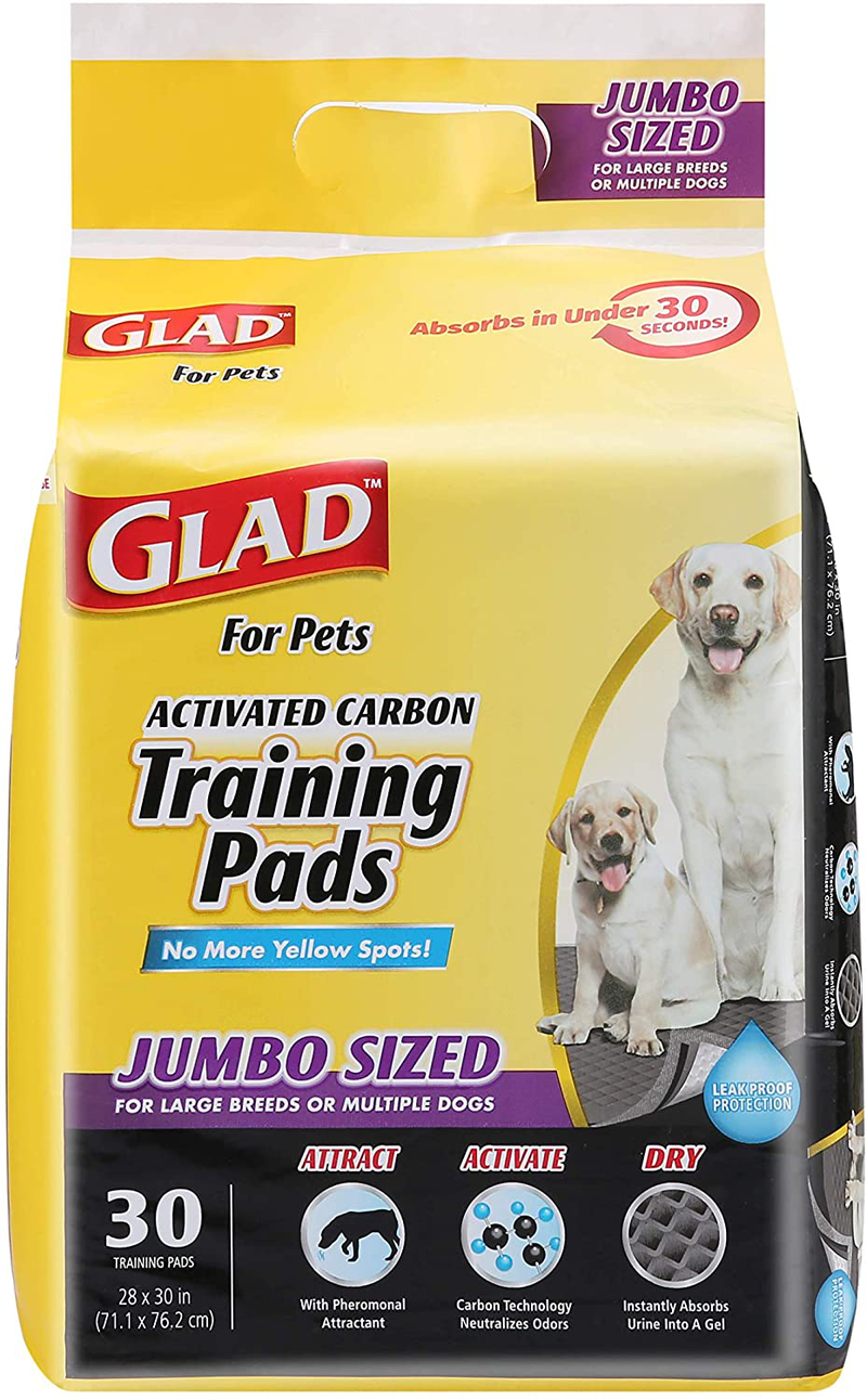 Glad for Pets Black Charcoal Puppy Pads-New & Improved Puppy Potty Training Pads That ABSORB & NEUTRALIZE Urine Instantly-Training Pads for Dogs, Dog Pee Pads, Pee Pads for Dogs, Dog Crate Pads Animals & Pet Supplies > Pet Supplies > Dog Supplies > Dog Diaper Pads & Liners Fetch for Pets Jumbo 30 Count (Pack of 1) 