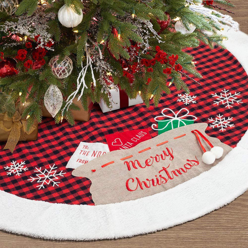 S-DEAL 48 Inches Christmas Tree Skirt Red and Black Buffalo Tree Skirt with Plush Border Trim and Gift Bag Pattern for Holiday New Year Decorations Home & Garden > Decor > Seasonal & Holiday Decorations > Christmas Tree Skirts S-DEAL Default Title  