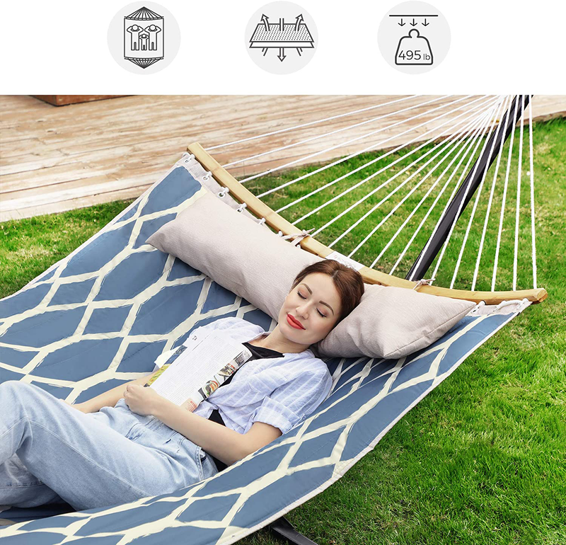 SONGMICS Hammock, Quilted Hammock with Curved Bamboo Spreaders, Pillow, 78.7 x 55.1 Inches, Portable Padded Hammock Holds up to 495 lb, Blue and Beige Rhombus UGDC034I02 Home & Garden > Lawn & Garden > Outdoor Living > Hammocks SONGMICS   