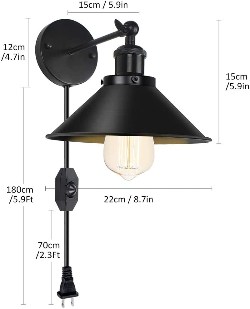 Dimmable Plug in Wall Sconce 2 Pack Swing Arm Vintage Black Wall Lamp with On/Off Switch Industrial Wall Light with 6FT Plug in Cord Wall Light Fixture for Restaurant Bedroom Corridor Farmhouse