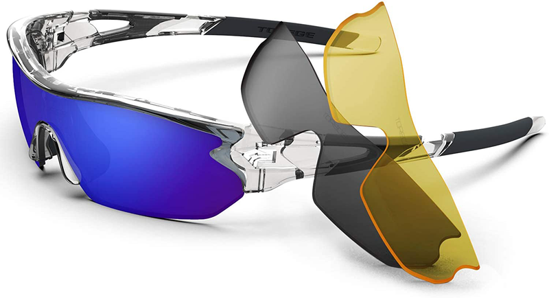 Torege Polarized Sports Sunglasses With 3 Interchangeable Lenes for Men Women Cycling Running Driving Fishing Glasses TR002 Sporting Goods > Outdoor Recreation > Cycling > Cycling Apparel & Accessories TOREGE Transparent &Blue Lens  