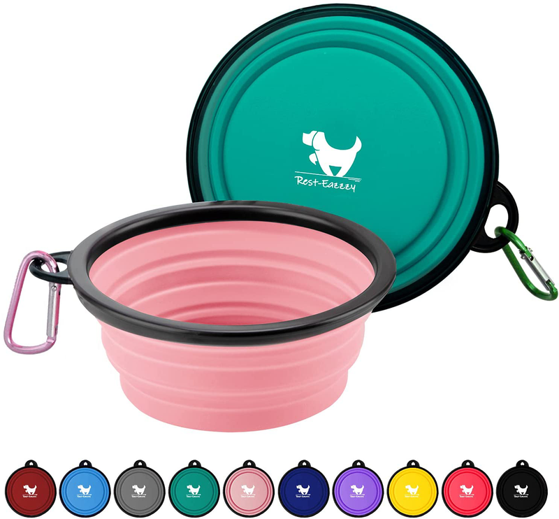 Rest-Eazzzy Expandable Dog Bowls for Travel, 2-Pack Dog Portable Water Bowl for Dogs Cats Pet Foldable Feeding Watering Dish for Traveling Camping Walking with 2 Carabiners, BPA Free  Rest-Eazzzy green&pink Medium 