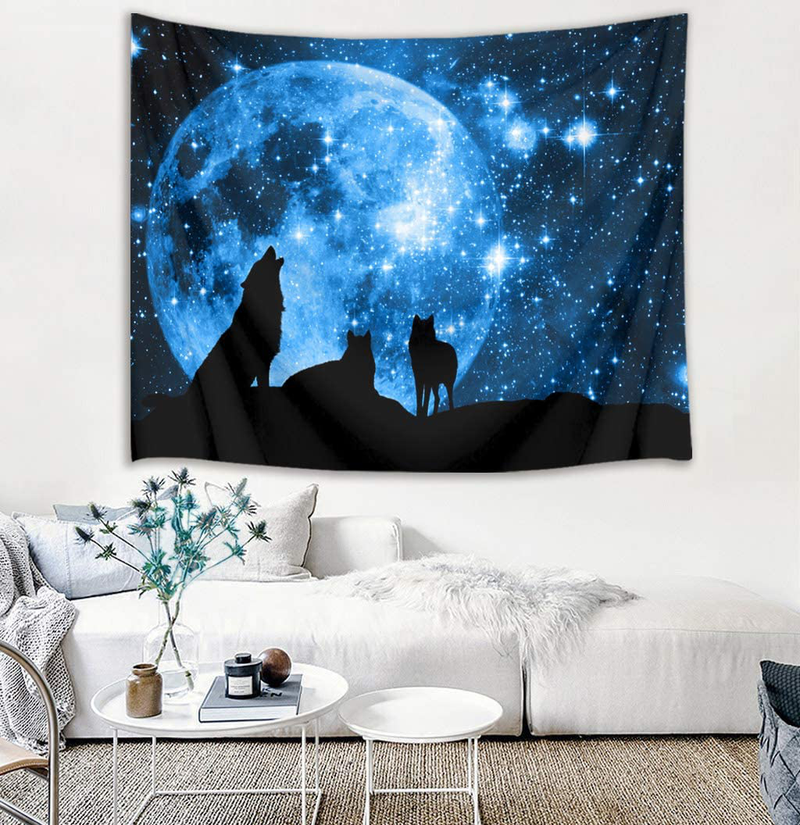 HVEST Wolf Tapestry Wild Animal Tapestry Wall Hanging Moon in Blue Psychedelic Space Tapestries Wall Decor Cool Tapestry for Kids Bedroom Living Room Dorm Party ,60Wx40H inches Home & Garden > Decor > Artwork > Decorative Tapestries HVEST   