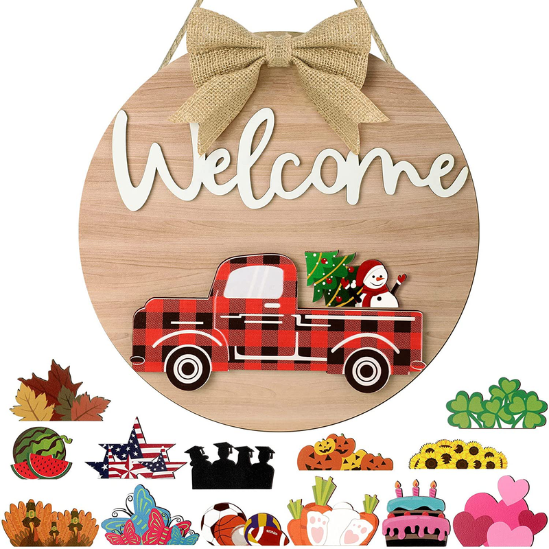 Jetec Interchangeable Red Truck Wooden Door Sign Heart Welcome Sign for Front Door Seasonal Buffalo Plaid Truck Decor Welcome to Our Home Hanging Sign 12 Inch Valentine Christmas Home Decor