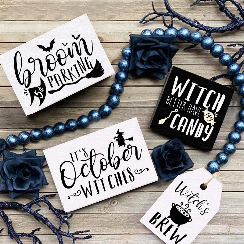 Huray Rayho Halloween Witches Tiered Tray Decorations Rustic Halloween Poison Candy Bar Signs Vintage Black and White Rae Dunn Decor Farmhouse Autumn Fall Supplies Set of 4 Home & Garden > Decor > Decorative Trays Huray Rayho   