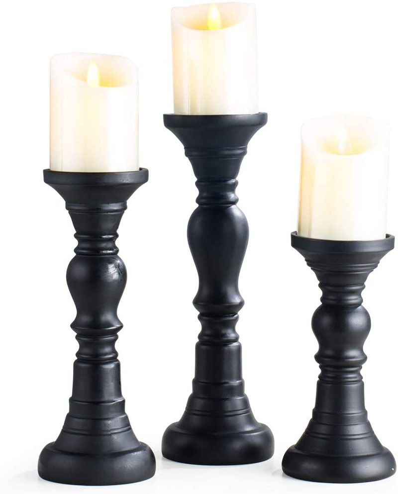 Resin Pillar Candle Holders Set of 3 - 7.9", 8", 11.8" High, Home Coffee Table Decor Decorations Centerpiece for Dining, Living Room, Gifts for Wedding (Black) Home & Garden > Decor > Home Fragrance Accessories > Candle Holders SUNFACE Black  