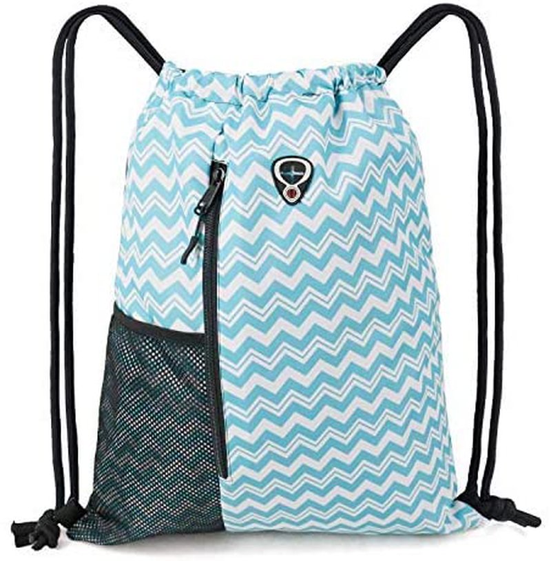 Drawstring Backpack Sports Gym Bag for Women Men Children Large Size with Zipper and Water Bottle Mesh Pockets