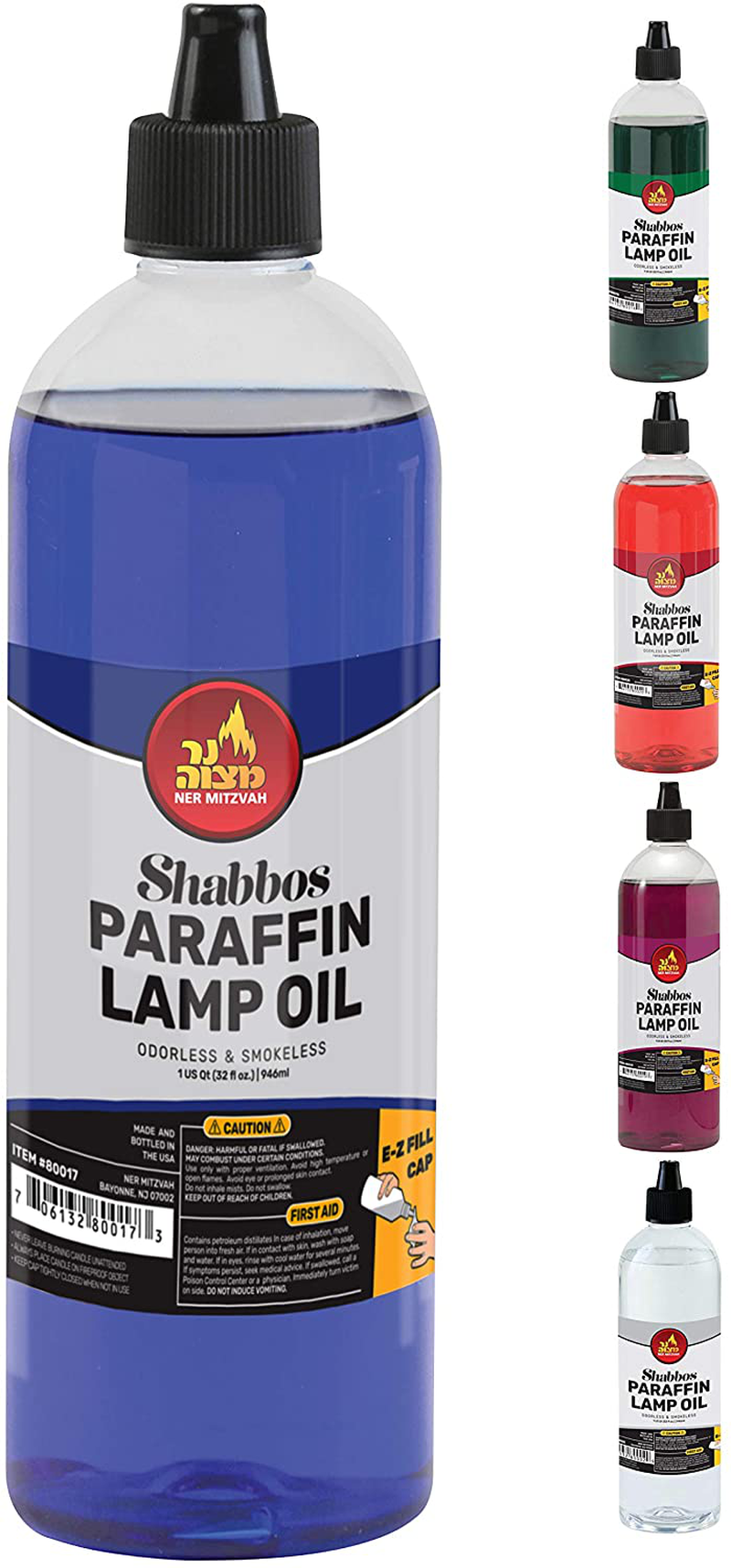 Paraffin Lamp Oil - Blue Smokeless, Odorless, Clean Burning Fuel for Indoor and Outdoor Use with E-Z Fill Cap and Pouring Spout - 32oz - by Ner Mitzvah
